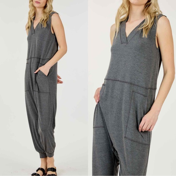 CHICBOMB Pants - COMFY  V NECK JUMPER - SLEEVELESS POCKETED JUMPSUIT IN CHARCOAL